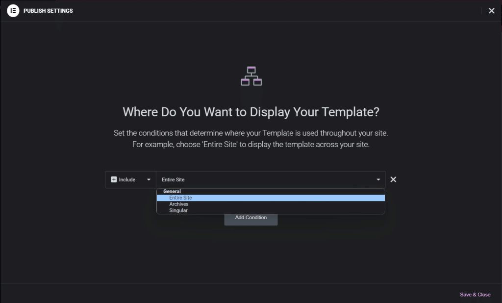 she publish set display condition from Sticky Header Effects for Elementor