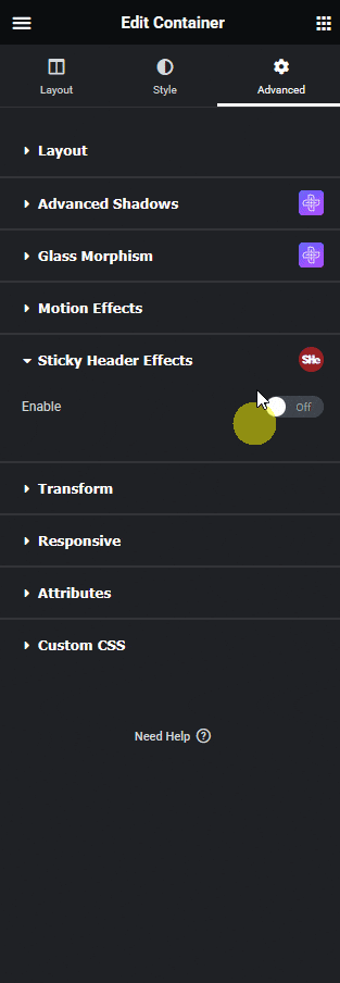 Elementor Advanced tab Sticky Header Effects panel with the Enable toggle for scroll effects on a header container