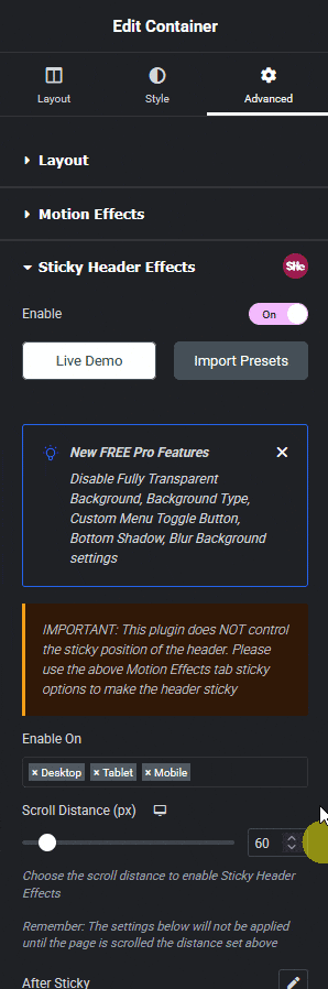 Elementor Advanced tab panel listing the Sticky Header Effects free effect toggles including Bottom Border Styling