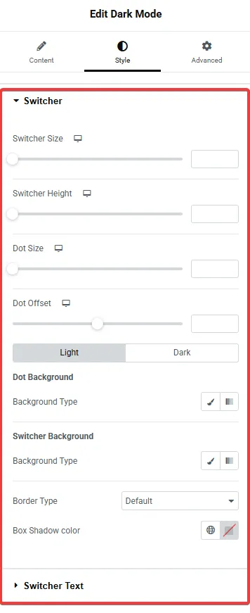 She Add Style to Dark Mode Widget from Sticky Header Effects for Elementor