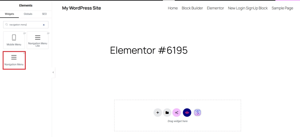 She Add the navigation menu from Sticky Header Effects for Elementor