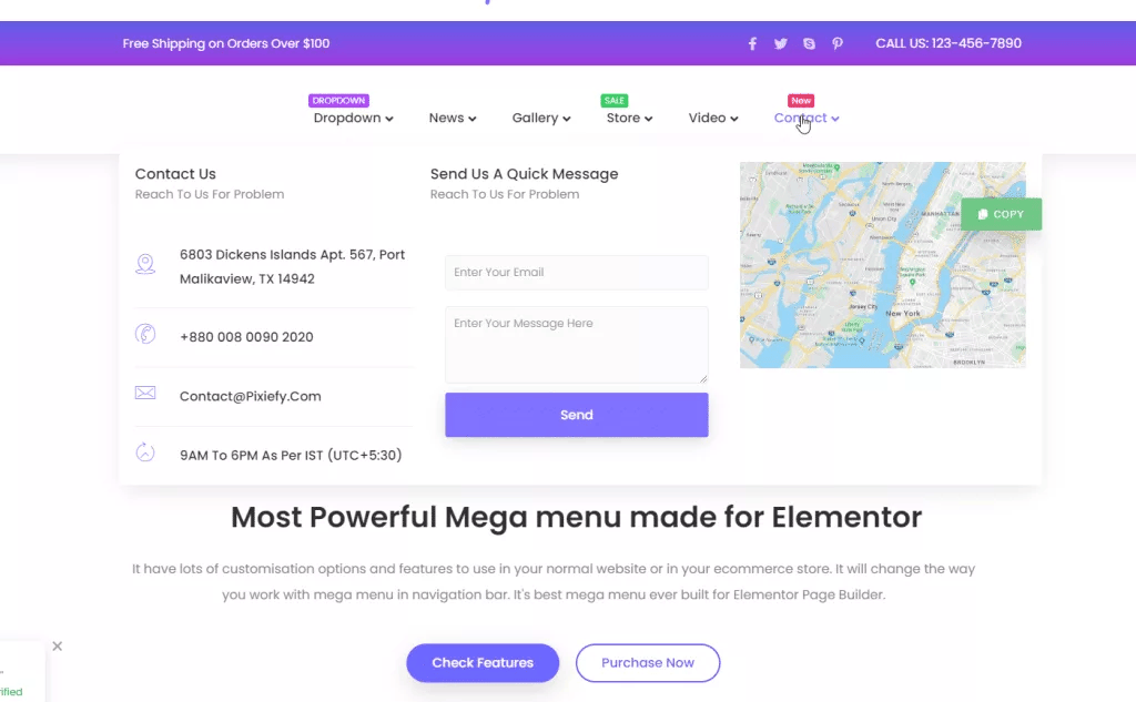 She Elementor mega menu created using The Plus Addons for Elementor from Sticky Header Effects for Elementor