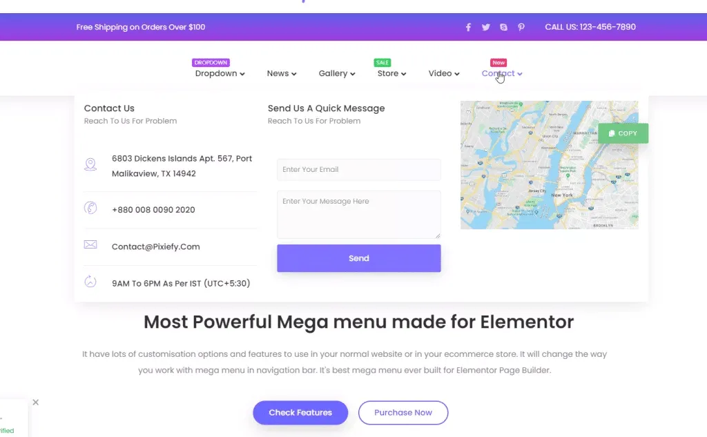 She Elementor mega menu created using The Plus Addons for Elementor from Sticky Header Effects for Elementor
