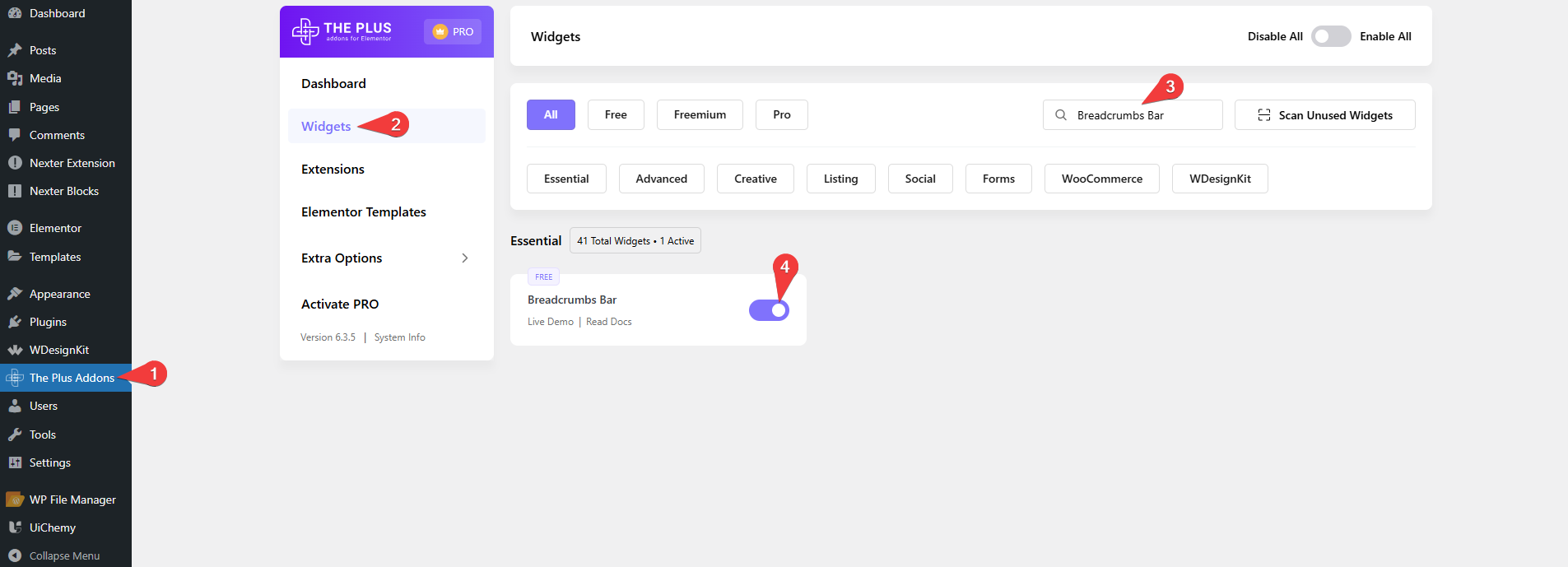 She Enable Breadcrumbs Bar Widget from Sticky Header Effects for Elementor