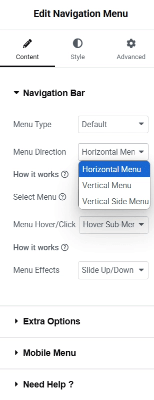 She Menu Direction from Sticky Header Effects for Elementor