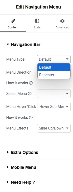 She Menu Type from Sticky Header Effects for Elementor