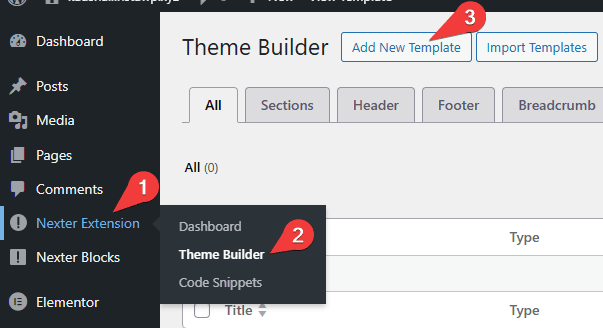 Nexter Extension Theme Builder Add New screen for creating a free Elementor header template