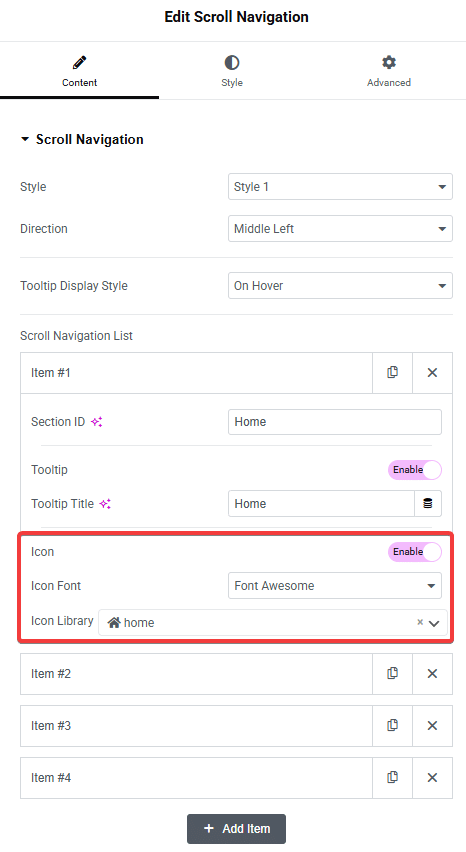 She Scroll Navigation Add Icons from Sticky Header Effects for Elementor