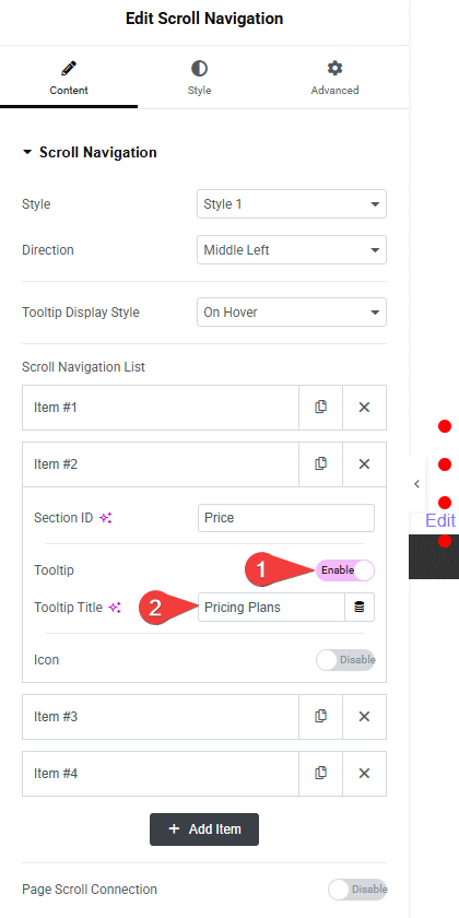 She Scroll Navigation Add Tooltip from Sticky Header Effects for Elementor