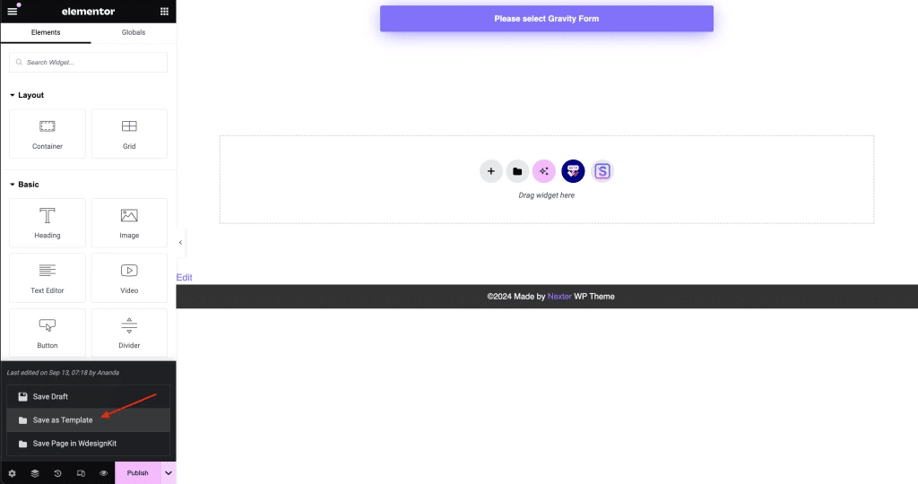 She Using the Elementor Save As Template Option from Sticky Header Effects for Elementor