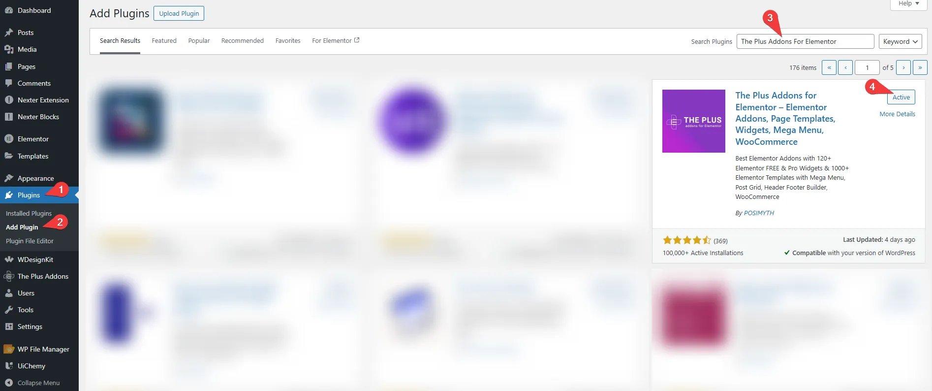 She WordPress Dashboard Install Activate Plugin from Sticky Header Effects for Elementor