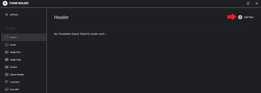 She add new template from Sticky Header Effects for Elementor