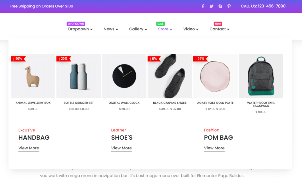 she horizontal mega menu from Sticky Header Effects for Elementor