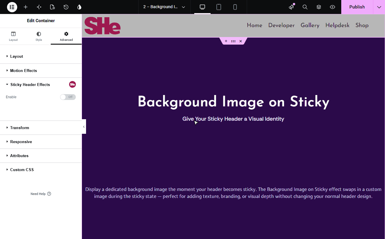 Background Image on Sticky settings in the Elementor editor