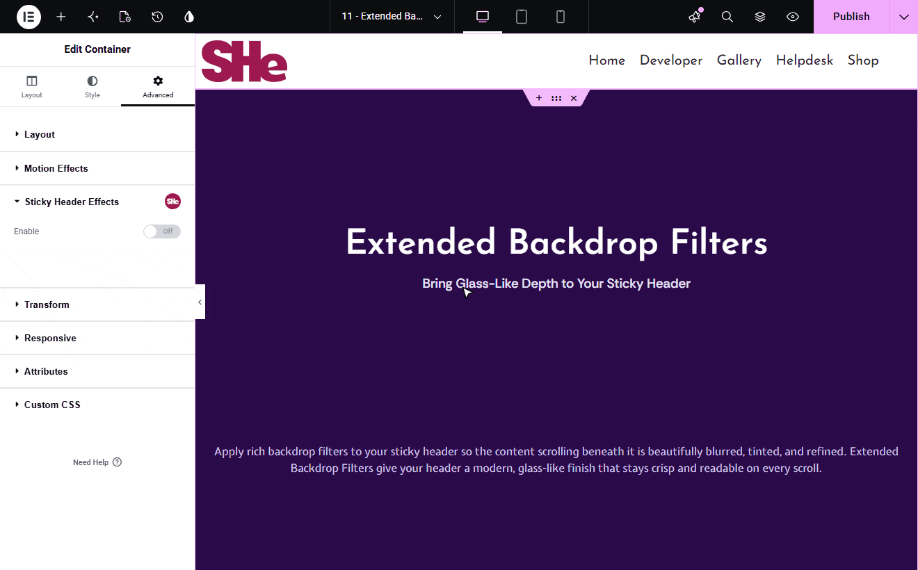 Extended Backdrop Filters settings in the Elementor editor