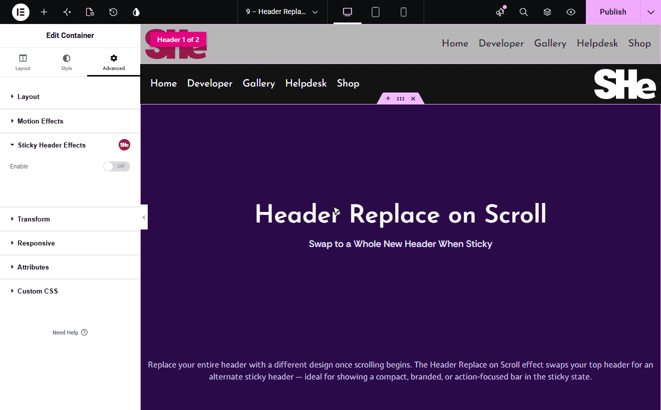 Header Replace on Scroll settings in the Elementor editor