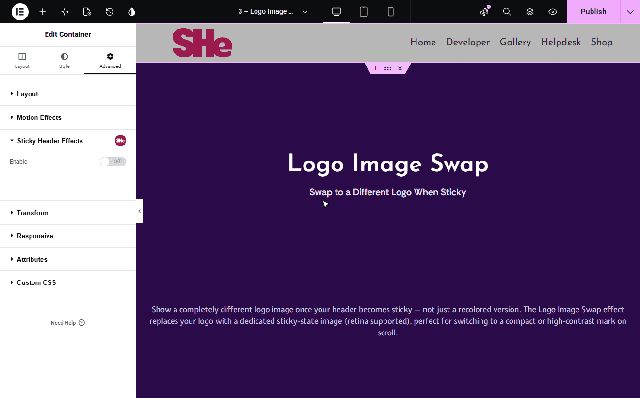 Logo Image Swap settings in the Elementor editor