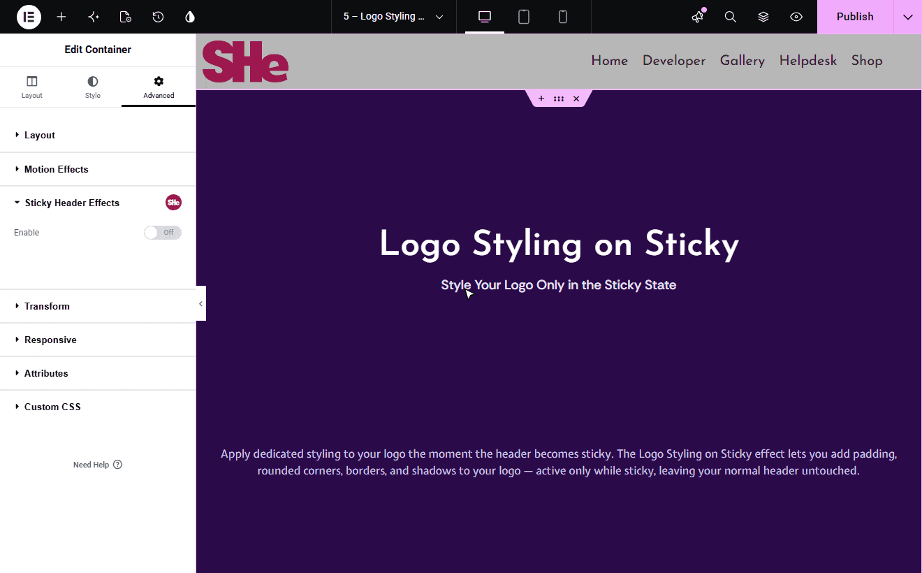 Logo Styling on Sticky settings in the Elementor editor