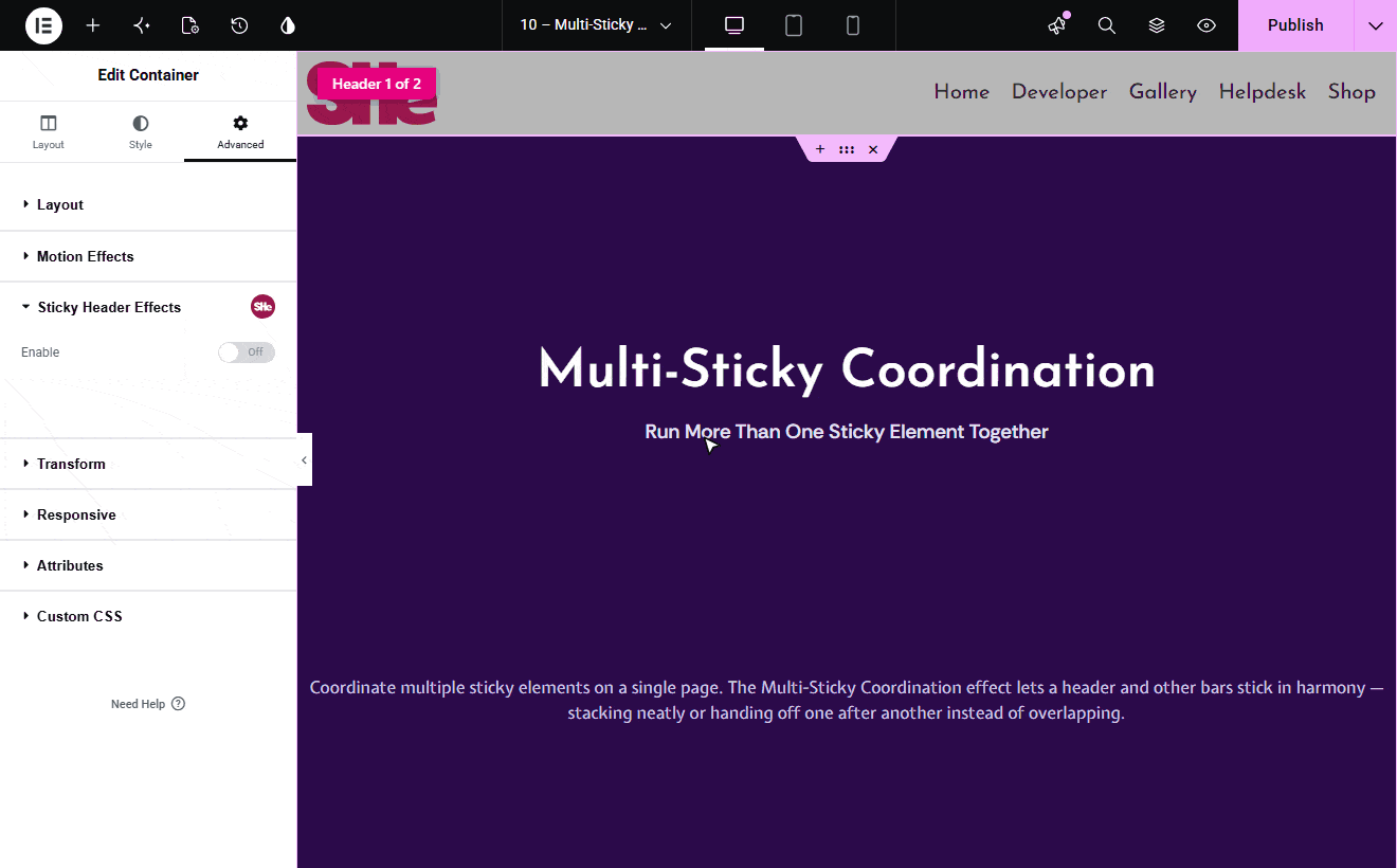 Multi-Sticky Coordination settings in the Elementor editor