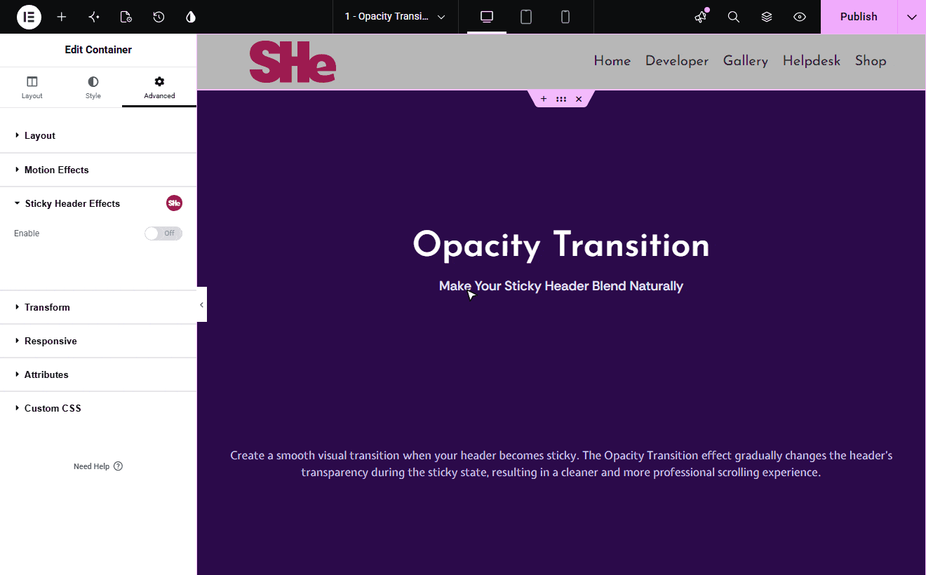 Opacity Transition settings in the Elementor editor