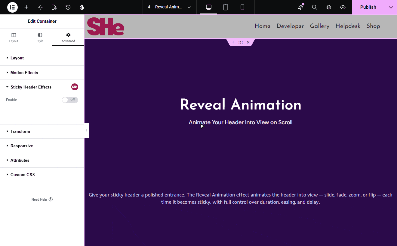 Reveal Animation settings in the Elementor editor