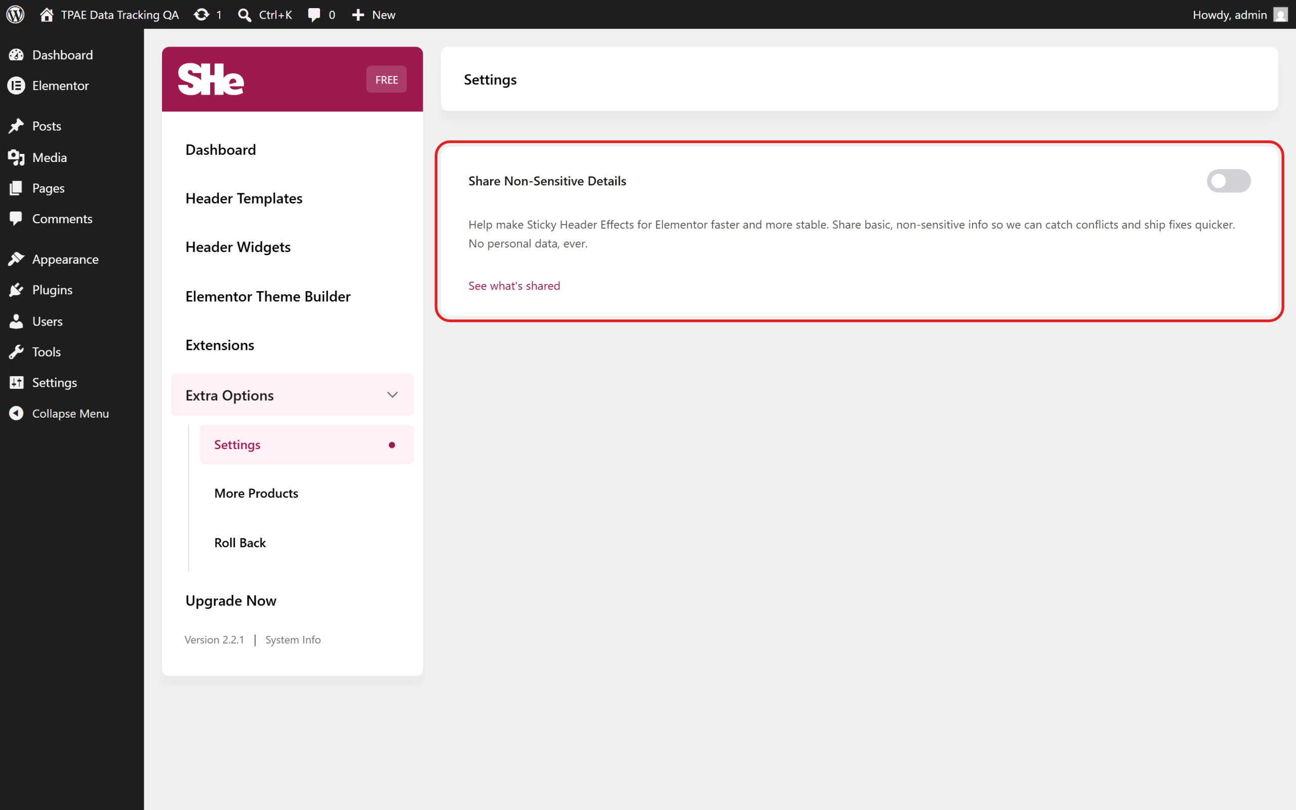Sticky Header Effects for Elementor Settings screen with Extra Options expanded, Settings active, and the Share Non-Sensitive Details toggle highlighted